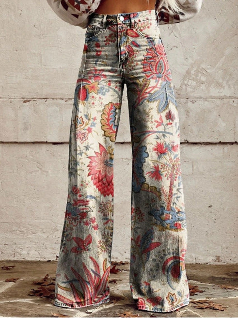 flowersverse HOTan and NEWn Foreign Trade plus Size Casual Pants Thin Imitation Jeans Wide Leg Pants 3D  Hot Selling Women's Pants