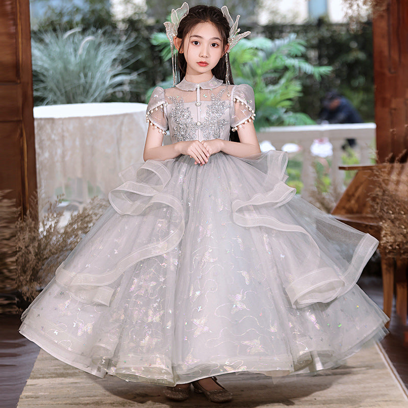 flowersverse Girls' Dress Light Luxury Minority High-End Ten Years Old Birthday Girl Princess Dress Children's Host Western Style Piano Performance