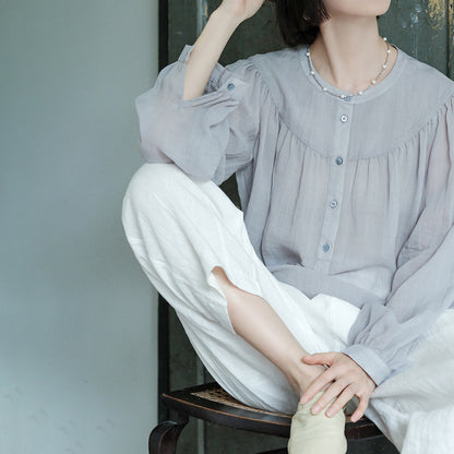 Shirt Women's Summer, Silk and Hemp Sunscreen Shirt, Long Sleeve Women's Top Premium, Women's Ramie Shirt B0705