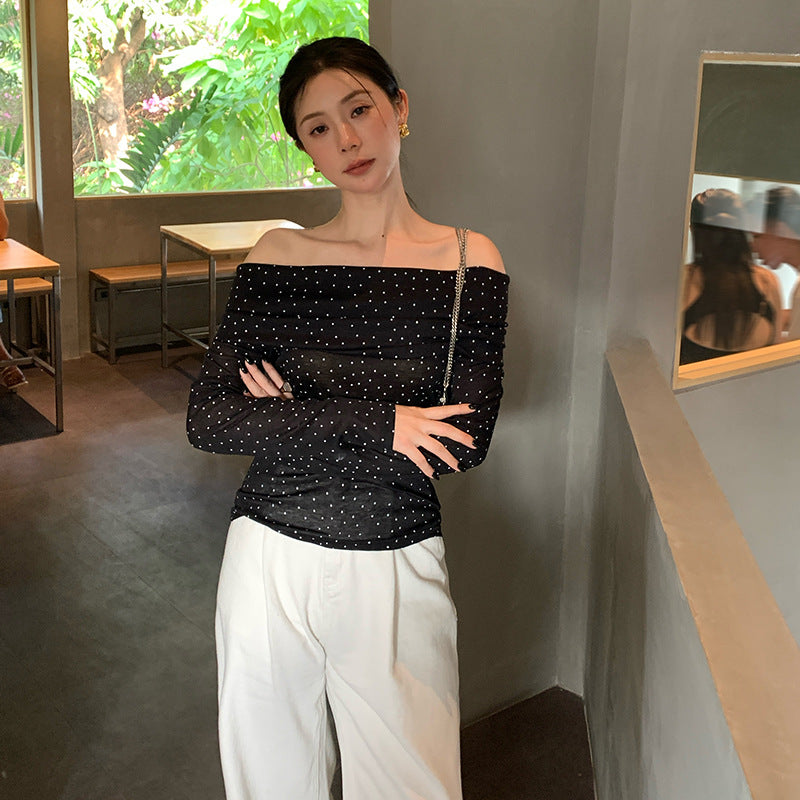 2025 spring and summer new retro polka dot simple temperament one-word neck long-sleeved shirt women's top 89288