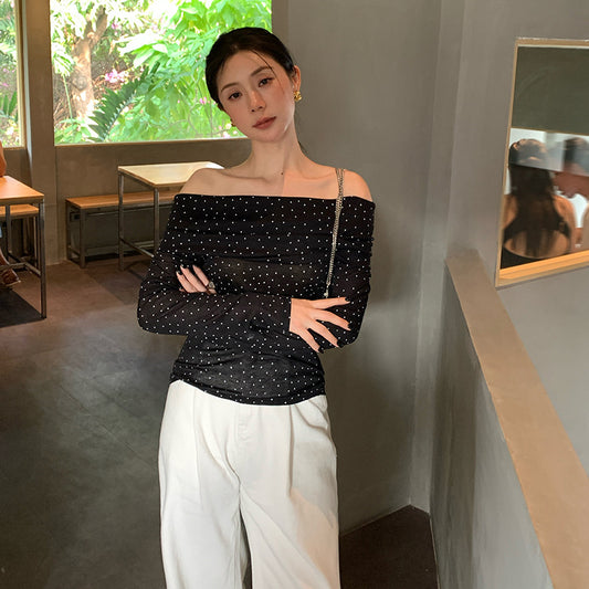 2025 spring and summer new retro polka dot simple temperament one-word neck long-sleeved shirt women's top 89288