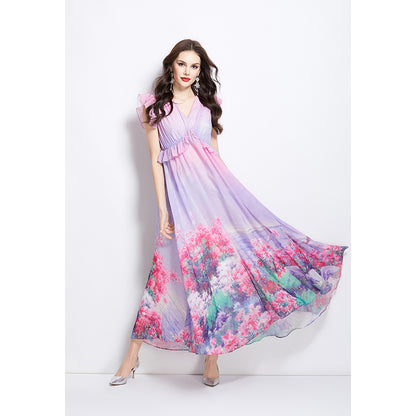 GRETA  spring new retro flower small fly sleeve long dress