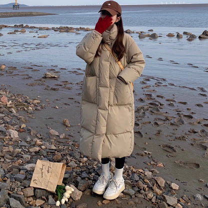 Down cotton-padded clothes women's medium and long loose Korean version of Hong Kong style bread clothes cotton-padded clothes  winter new fashion cotton-padded jacket