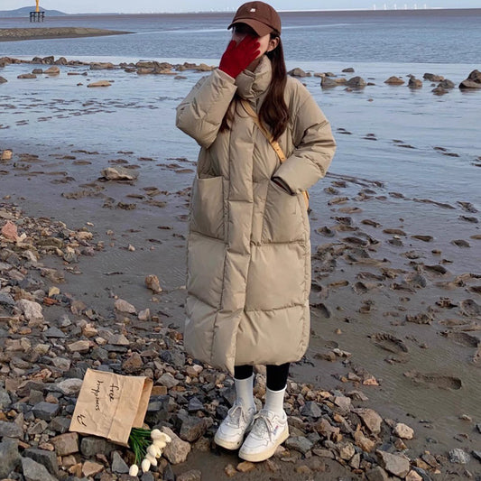 Down cotton-padded clothes women's medium and long loose Korean version of Hong Kong style bread clothes cotton-padded clothes  winter new fashion cotton-padded jacket