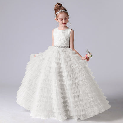 flowersverse Fairy Beautiful Cake Dress Girls' Dress Costume for Piano Performance Princess Style Dress Host Costume Summer Sleeveless