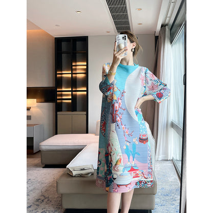 Folds  autumn new retro printing high-end Miyake dress women's loose and thin meat-covered medium and long dress