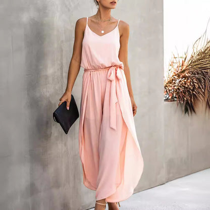 FLOWERSVERSE  New  Summer Fashion V-neck Strap Wide Leg Side Slit Women's Jumpsuit 600237