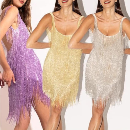 FLOWERSVERSE 2025 Hot Trade  Fashion Tassel Sequin Party Sexy U-Neck Suspender Feather Splicing Dress Dress