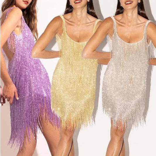 FLOWERSVERSE 2025 Hot Trade  Fashion Tassel Sequin Party Sexy U-Neck Suspender Feather Splicing Dress Dress