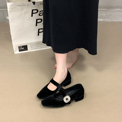 2025  Thousand gold elegant retro square head rhinestone buckle with Mary Jane shoes temperament suede thick heel single shoes women