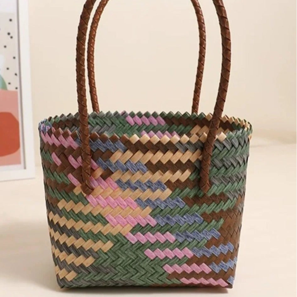 FLOWERSVERSE  24 Spring New Imitation Rattan Straw Bag Everyday Joker Long Shoulder Strap Woven Bag Net Red Travel Vacation Beach Bag