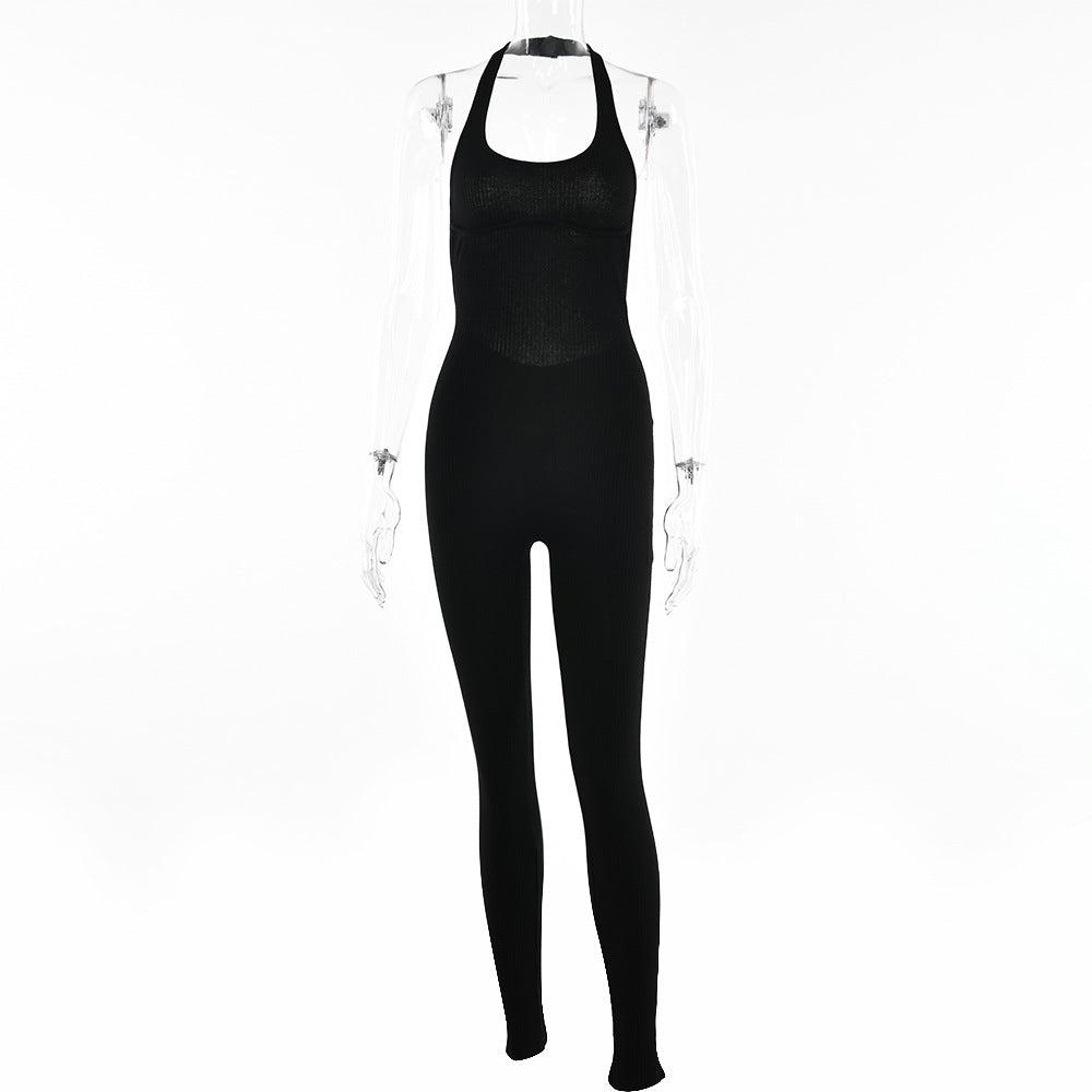2025 sexy neck-hanging low-cut tight sports trousers for women's  spring and summer new solid-color dew-back jumpsuit