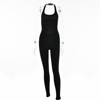2025 sexy neck-hanging low-cut tight sports trousers for women's  spring and summer new solid-color dew-back jumpsuit