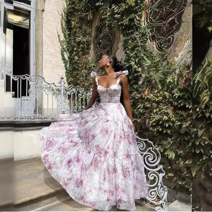 FLOWERSVERSE Cross-border spring and summer 2025 new sleeveless fashion floral suspender off-the-shoulder lace-up swing dress organza dress