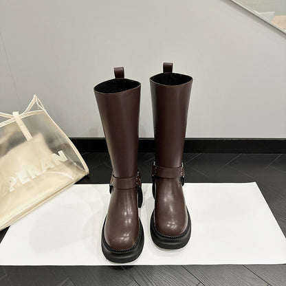 2025 Boots Women's but knee knight boots  autumn new thick-soled heightening locomotive boots belt buckle high boots