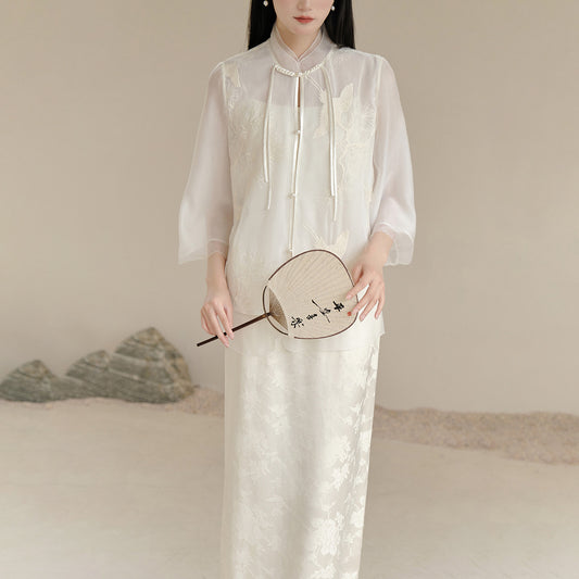 New Chinese suit women's two-piece set, embroidered Tang suit top women's summer shirt, jacquard suspender dress