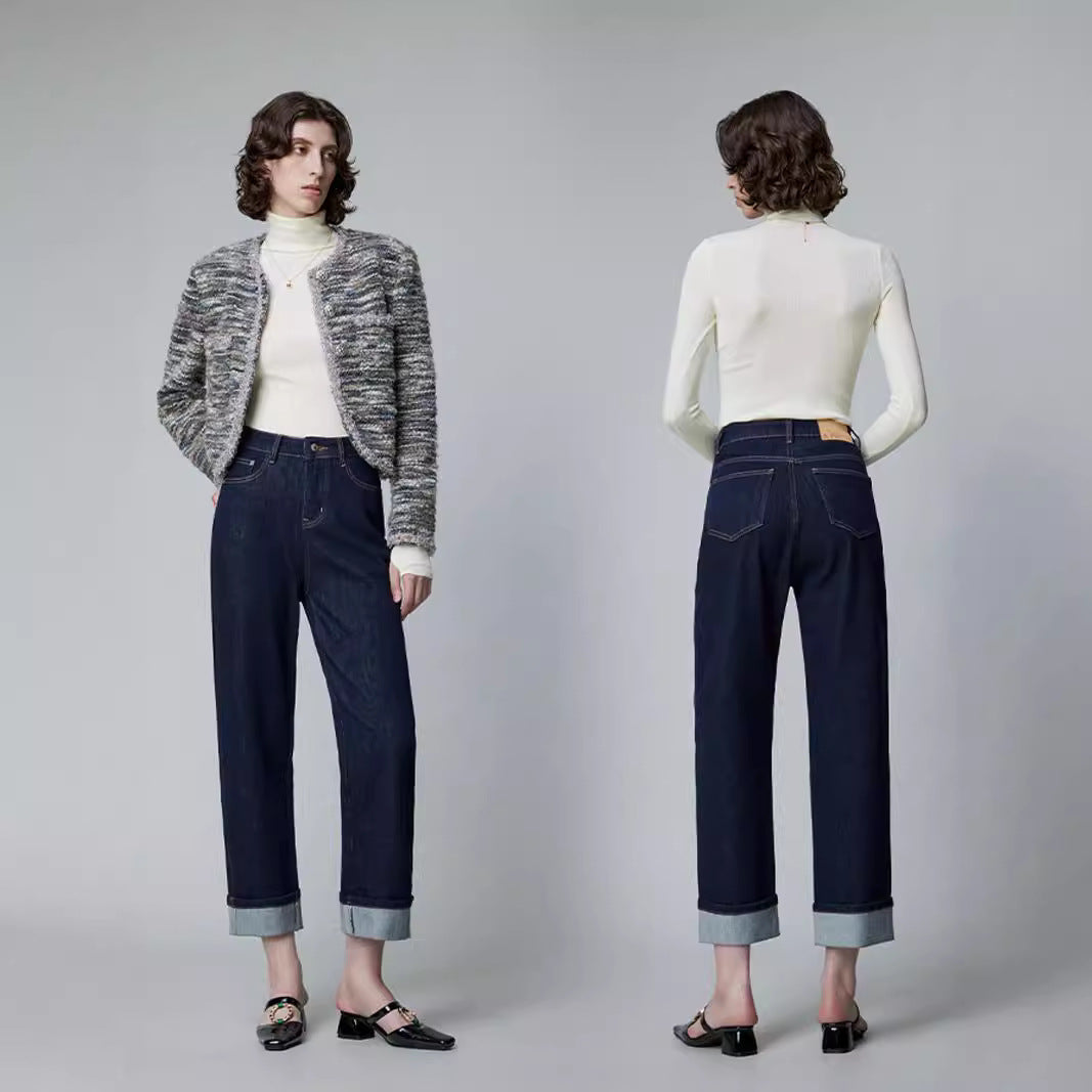 2025 popular autumn lycra fabric, high-quality original cow-colored flanged straight-leg pants, elastic on all sides, not easy to fade jeans for women