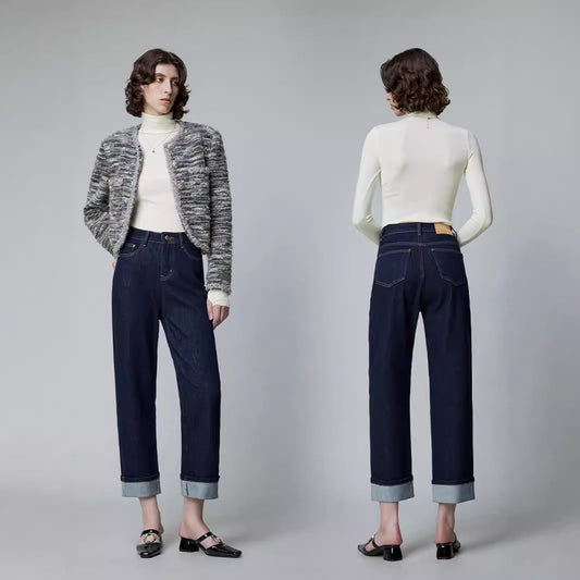 2025 popular autumn lycra fabric, high-quality original cow-colored flanged straight-leg pants, elastic on all sides, not easy to fade jeans for women