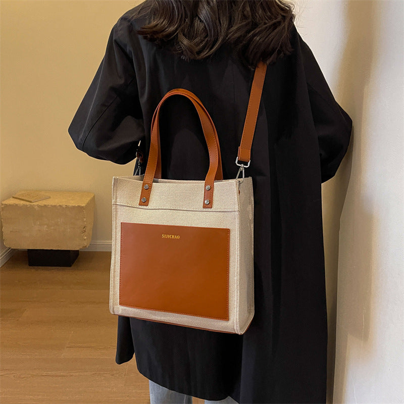 FLOWERSVERSE  Tote Bag Large Capacity Contrast Color Canvas Vertical Tote  New Fashion Retro Commuter Shoulder Messenger Bag