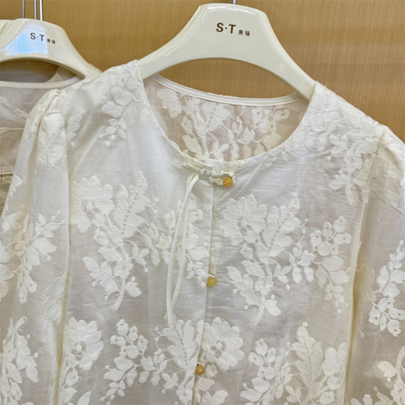 Guofeng button jacquard perspective long-sleeved shirt women's popular autumn new loose bubble sleeve lace shirt top