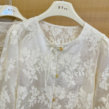 Guofeng button jacquard perspective long-sleeved shirt women's popular autumn new loose bubble sleeve lace shirt top