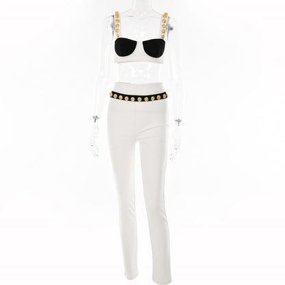 2025 New autumn hot-selling suit women's fashion willow buckle suspender color matching tube top casual trousers two-piece set