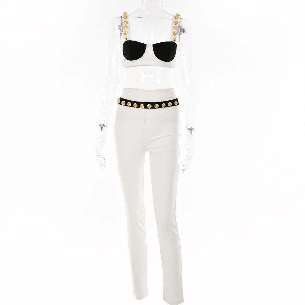 2025 New hot-selling  suit women's fashion two-piece set willow buckle suspender color matching tube top casual trousers