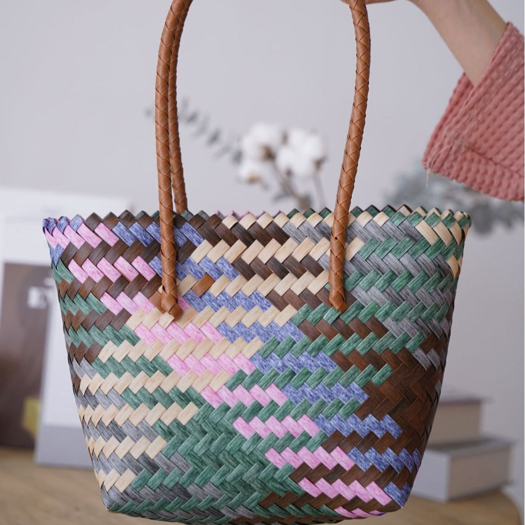 FLOWERSVERSE  24 Spring New Imitation Rattan Straw Bag Everyday Joker Long Shoulder Strap Woven Bag Net Red Travel Vacation Beach Bag