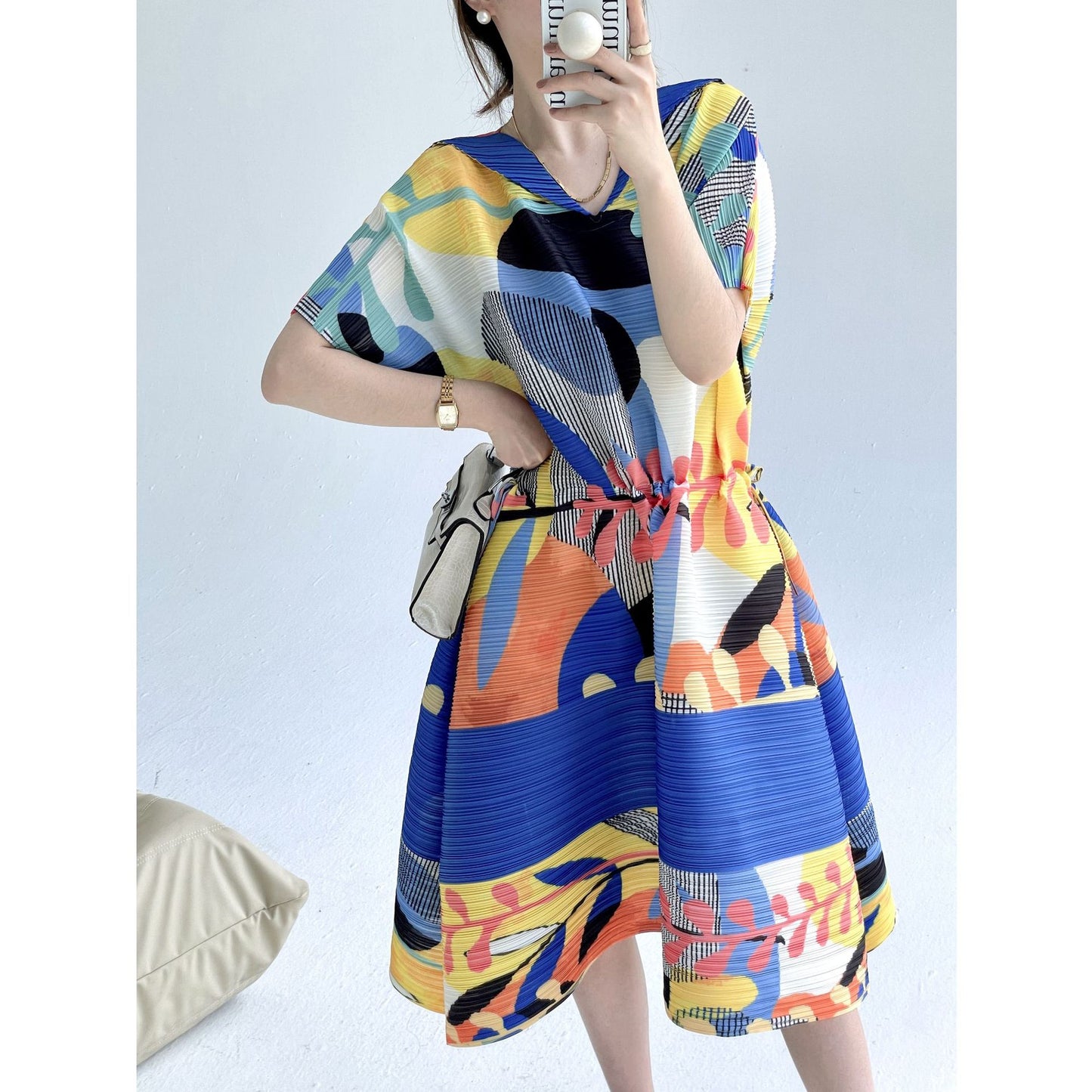 Miyake summer new fashion retro printing loose v-neck pleated dress femininity drawstring waist skirt