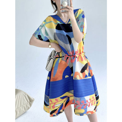 Miyake summer new fashion retro printing loose v-neck pleated dress femininity drawstring waist skirt