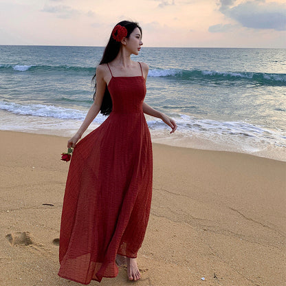 2025 Pink Premium Sexy Halter Suspender Dress Female Summer Fairy Temperament Seaside Vacation Princess Long Skirt