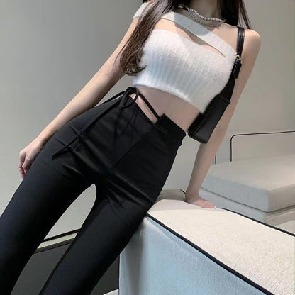 flowersverse Bootleg Pants Women's  Summer Hot Girl Irregular High Waist Tied Slim Fit Slimming Horseshoe Pants Casual Mopping Pants