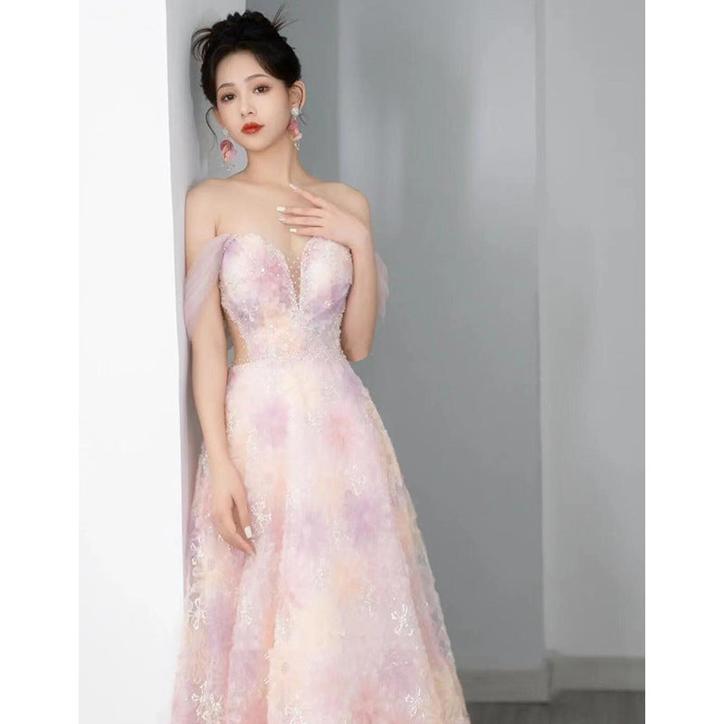 Pink toast dress bride 2025 new morning robe dress women's light luxury niche high-end host tube top evening dress