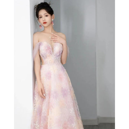 Pink toast dress bride 2025 new morning robe dress women's light luxury niche high-end host tube top evening dress