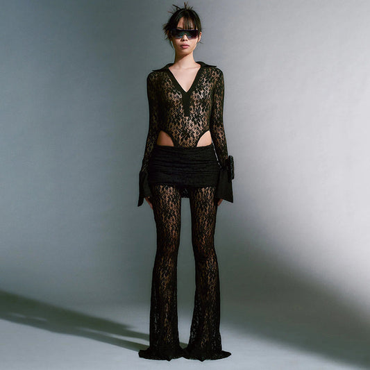 New popular sexy lace splicing deep V long-sleeved top slim-fitting perspective high-waisted flared pants women's suit