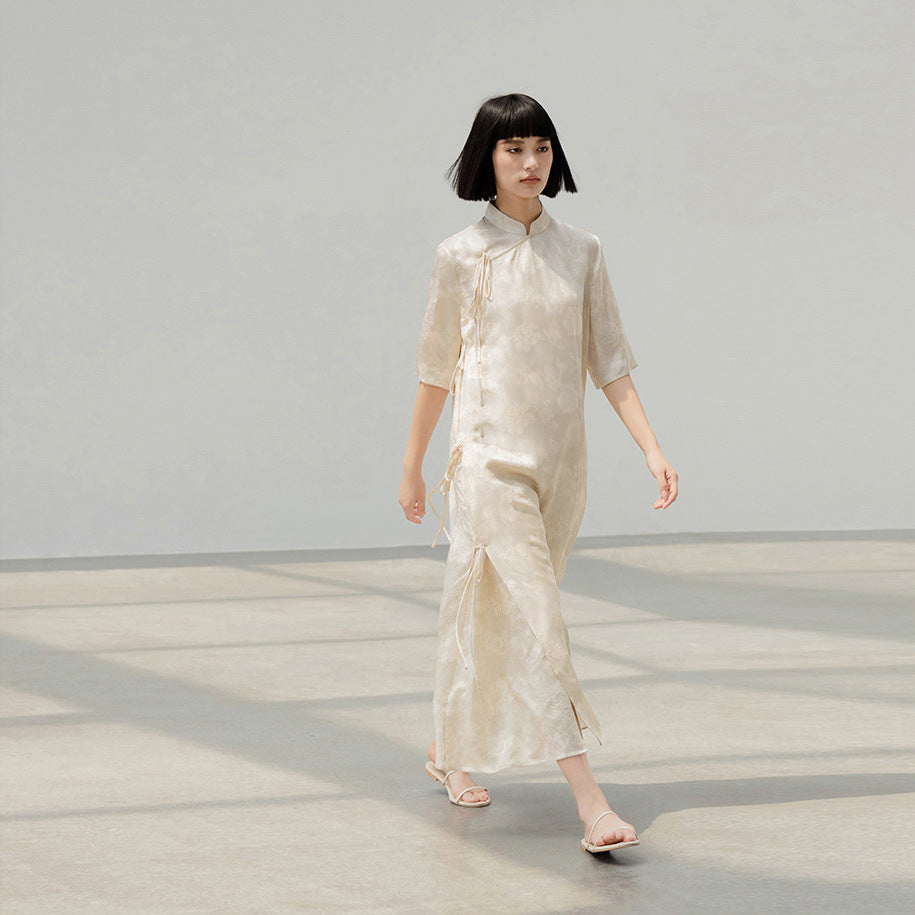 New Chinese dress women's spring and summer lace-up straight modified strap-up skirt long dress B0108