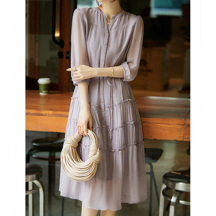 2025 Mulberry silk inside and outside, smoked purple silk dress, pleated lace-up swing dress  summer new women's clothing