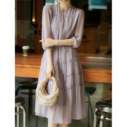 2025 Mulberry silk inside and outside, smoked purple silk dress, pleated lace-up swing dress  summer new women's clothing