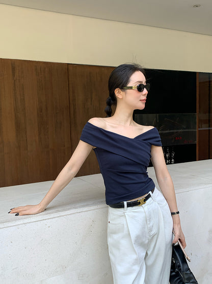 2025 spring and summer new Korean version of simple temperament one-word collar short-sleeved knitted sweater women's top tide 89303