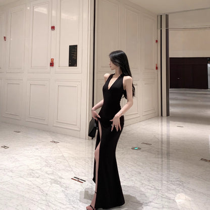 2025 Birthday dance neck dress women's Hepburn style high-end small gift dress holiday style slim and thin sexy long dress