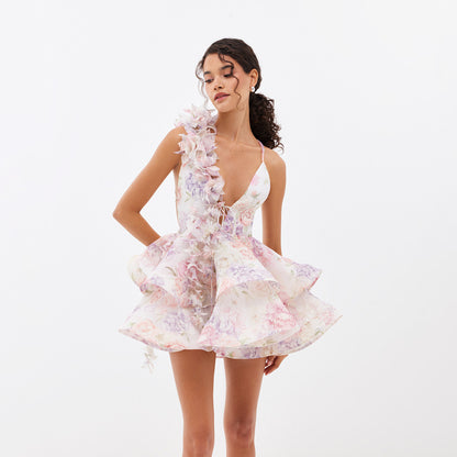 floral printing slim V-neck bud skirt dress sleeveless suspender backless short skirt fashionable vacation style