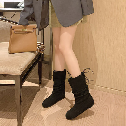 2025  Pile boots retro round head flat bottom niche cross strap frosted leather western cowboy boots wrinkled apricot short boots women