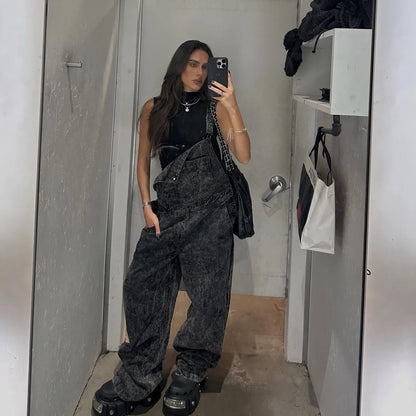 high streets, personalized street style, loose niche, old denim overalls, straight-tube high-end trendy brand wholesale