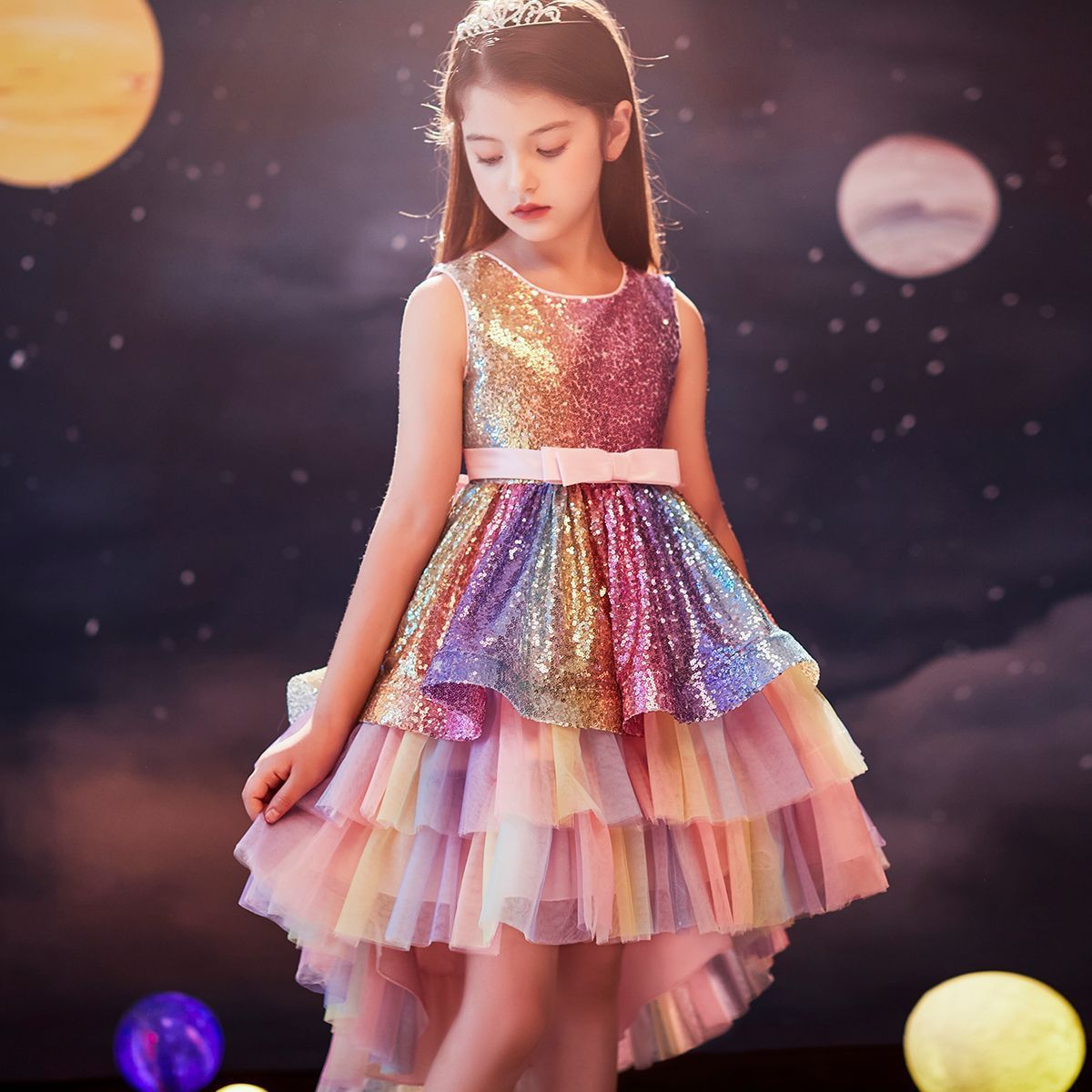 flowersverse Girls' Seven-Color Sequins Gradient Trailing Dress Main Dress Children's Wedding Dress Catwalk Host's Dress Dress