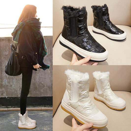 2025 SHI snow boots women's velvet thickened warm  winter new tall thick-soled cotton boots Martin boots women's medium boots