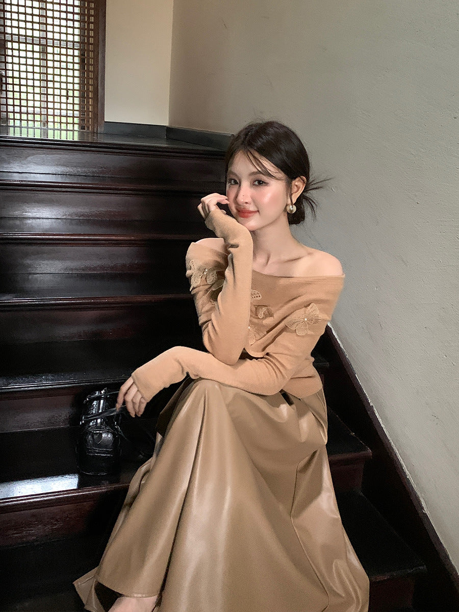 2025 popular autumn new temperament one-word collar versatile bottoming shirt long-sleeved knitted sweater women's top 25020