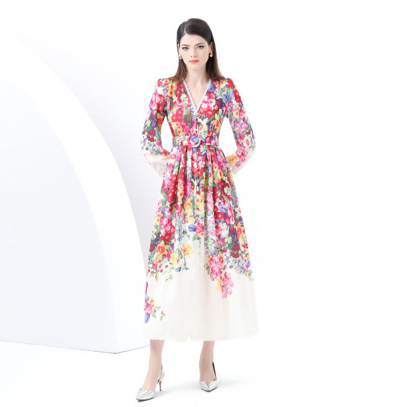 style sexy lace V-neck lantern sleeves retro printing waist thin long dress elegant celebrity dress women