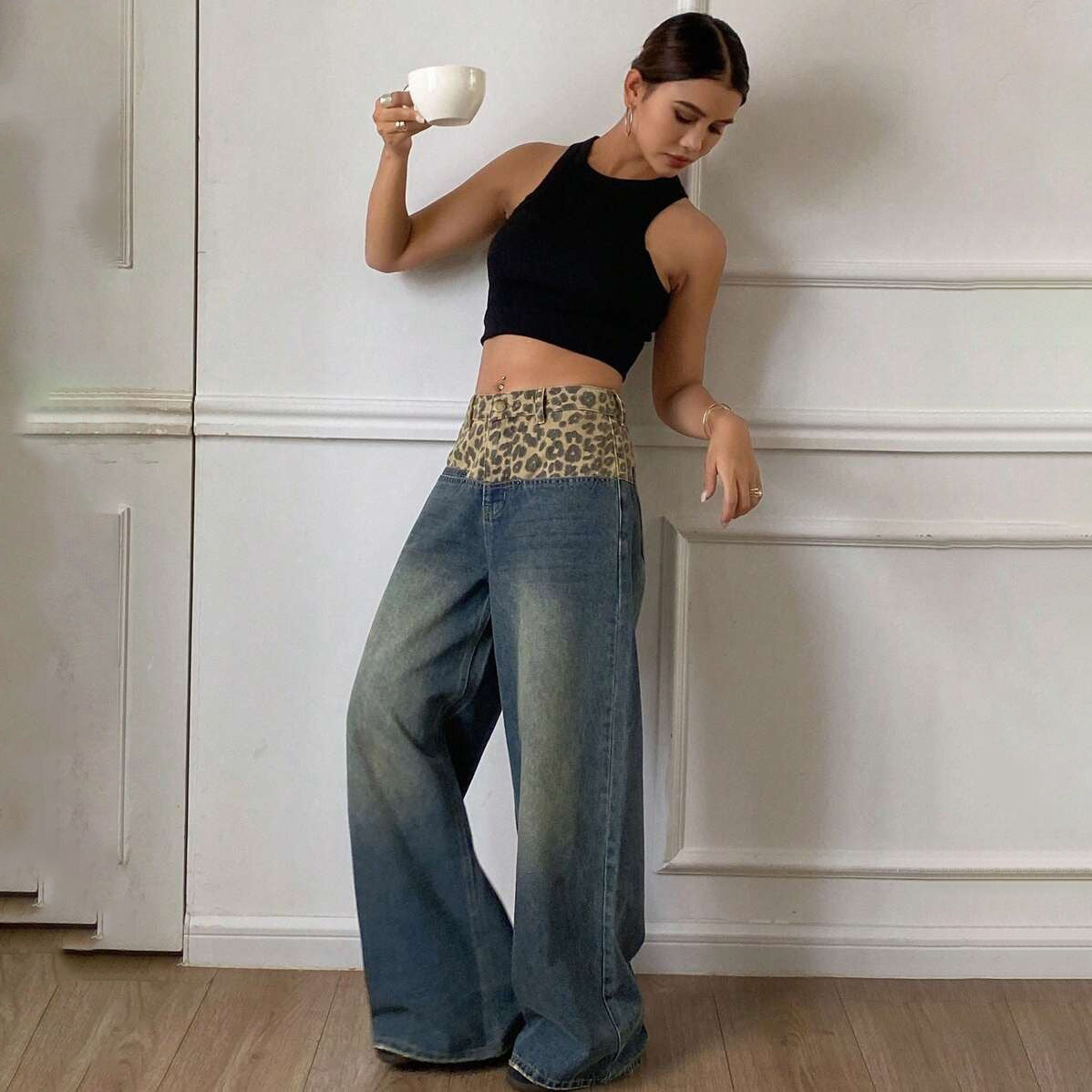 Tide splicing retro leopard print wide-leg pants jeans women's versatile niche 2025n old loose breathable straight-leg pants