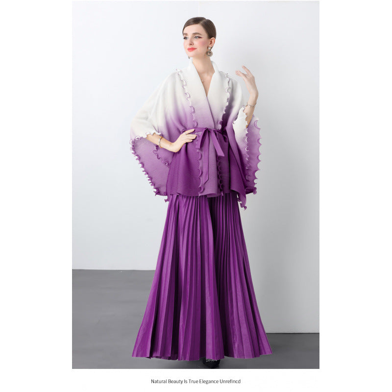 Fashion suit women's clothing strap waist gradual change color pleated cardigan top high waist pleated skirt two sets