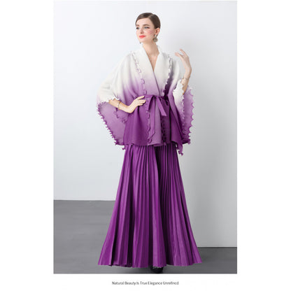 Fashion suit women's clothing strap waist gradual change color pleated cardigan top high waist pleated skirt two sets